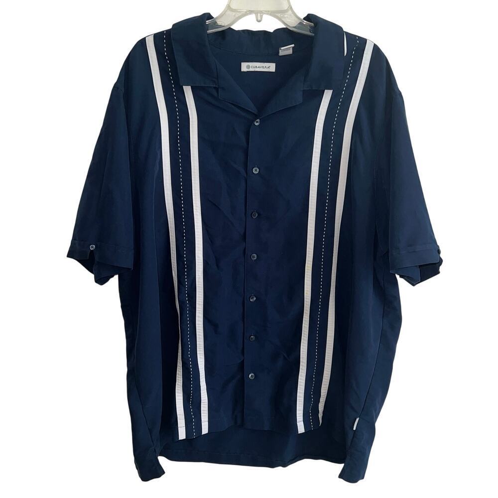 Cubavera Contrast Panel Camp Collar Shirt Navy Blue White Short Sleeve Size 2X - Picture 2 of 13